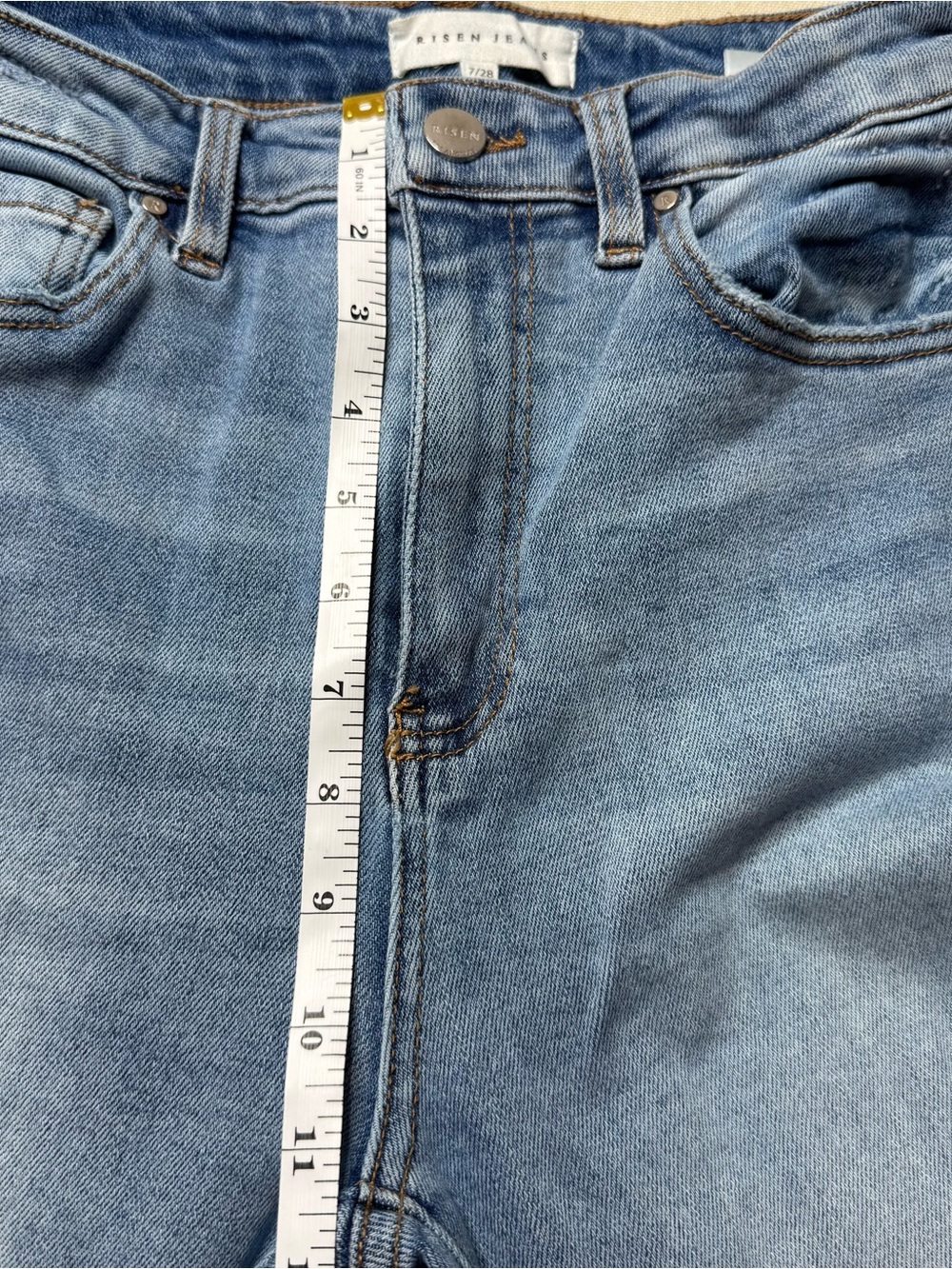 Risen High Rise Flare Jeans Raw Hem Light Wash Stretch Size 7/28 - Picture 4 of 12